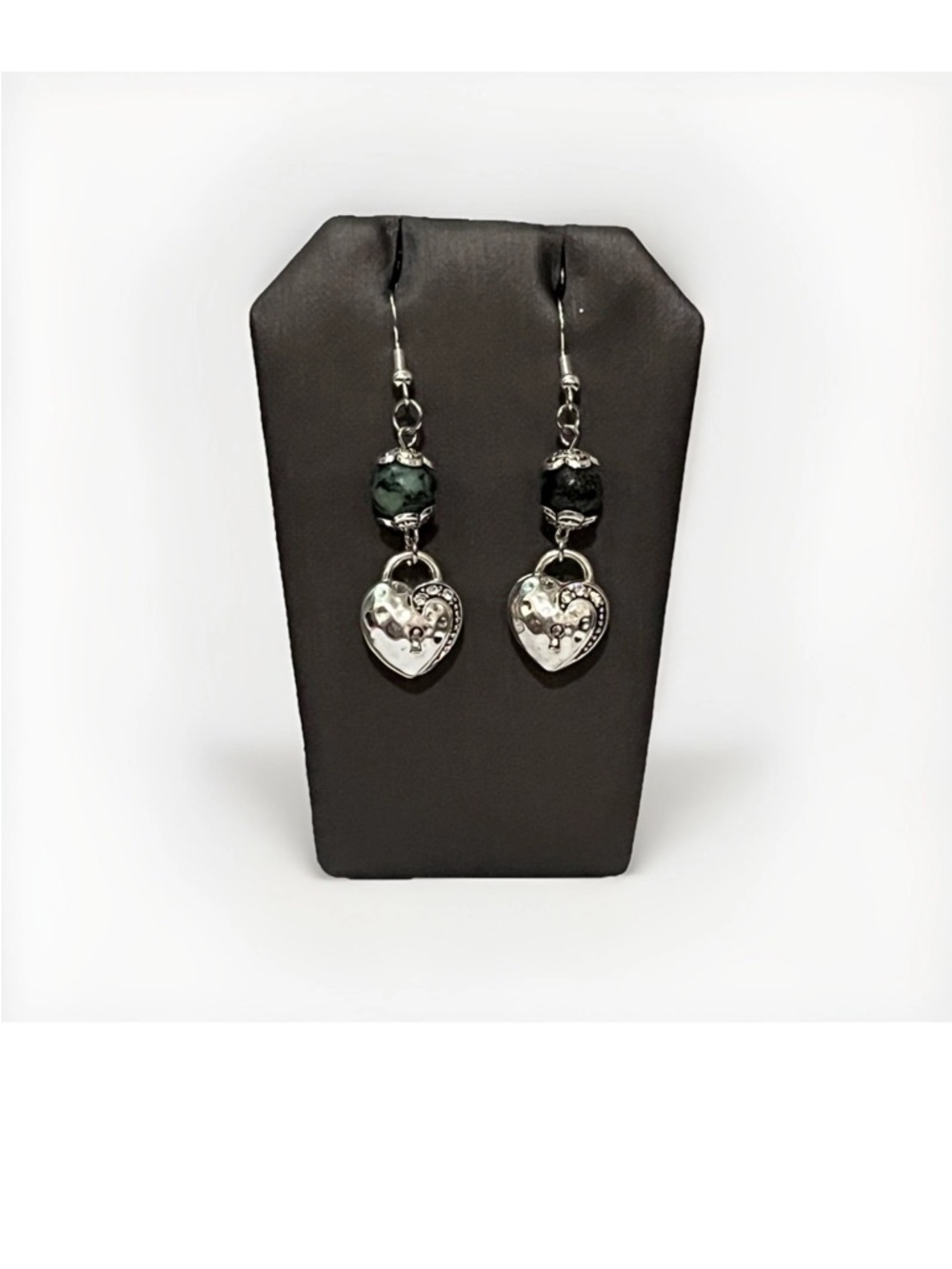 Wicca Boho Natural Stone Green African Turquoise Silver Heart Lock Earrings